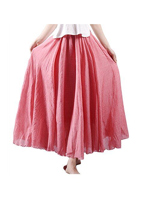 Asher Women's Bohemian Style Elastic Waist Band Cotton Linen Long Maxi Skirt Dress Waist 23.0