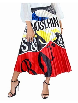 ThusFar Women's Graffiti Plisse Pleated Skirts Cartoon Printed Elastic Waist A-Line Swing Midi Skirt