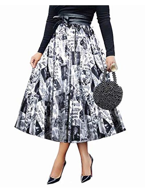 ThusFar Women's Graffiti Plisse Pleated Skirts Cartoon Printed Elastic Waist A-Line Swing Midi Skirt