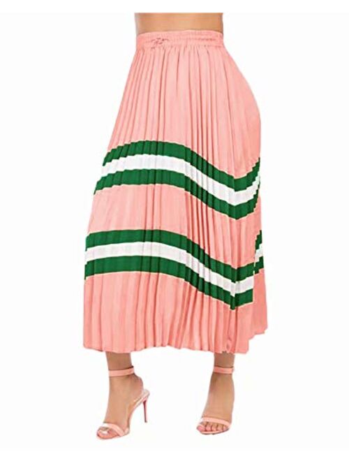 ThusFar Women's Graffiti Plisse Pleated Skirts Cartoon Printed Elastic Waist A-Line Swing Midi Skirt