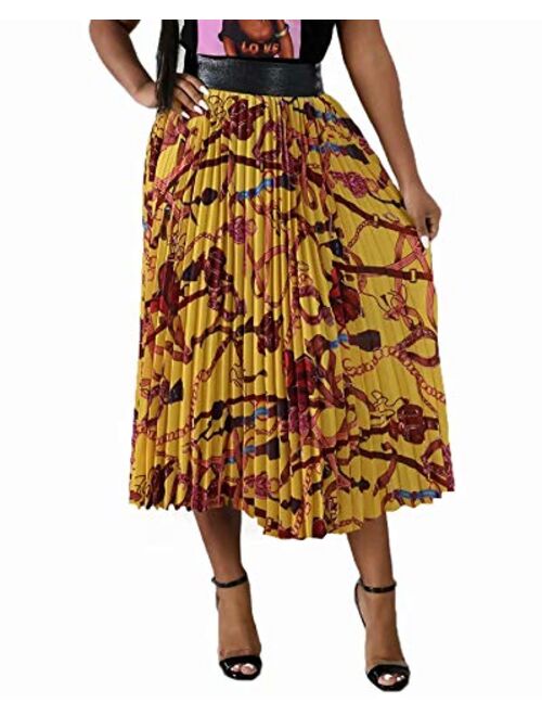 ThusFar Women's Graffiti Plisse Pleated Skirts Cartoon Printed Elastic Waist A-Line Swing Midi Skirt