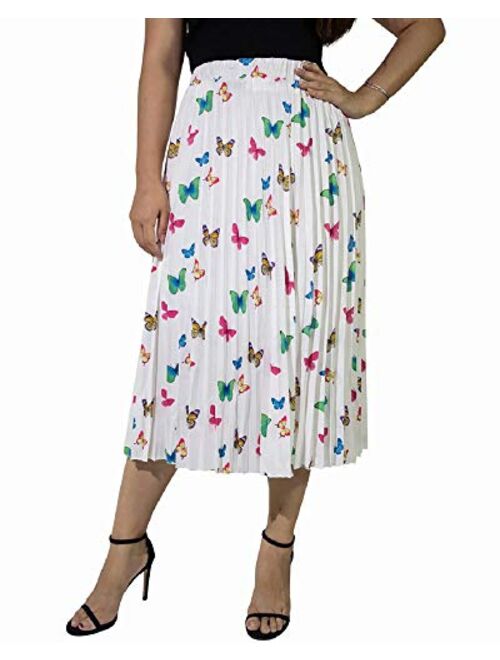 ThusFar Women's Graffiti Plisse Pleated Skirts Cartoon Printed Elastic Waist A-Line Swing Midi Skirt