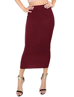 Women's Solid Basic Below Knee Stretchy Pencil Skirt