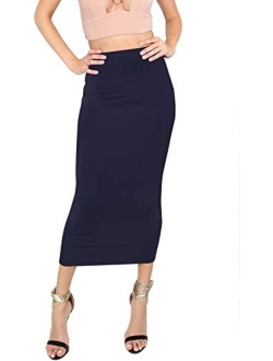 Women's Solid Basic Below Knee Stretchy Pencil Skirt