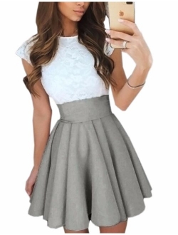 Imagine Women's Basic Solid Versatile Stretchy Flared Casual Mini Skater Skirt