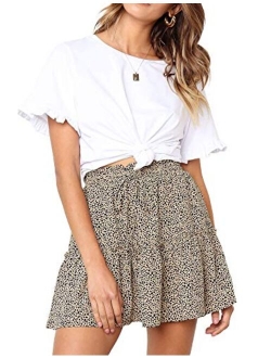 Relipop Women's Flared Short Skirt Polka Dot Pleated Mini Skater Skirt with Drawstring