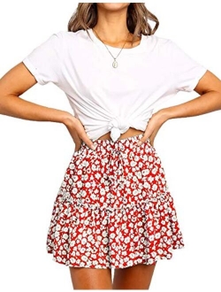 Relipop Women's Flared Short Skirt Polka Dot Pleated Mini Skater Skirt with Drawstring