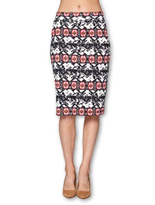 Women's High Waist Knit Stretch Multi Print Office Pencil Skirt (S-3XL) -Made in USA