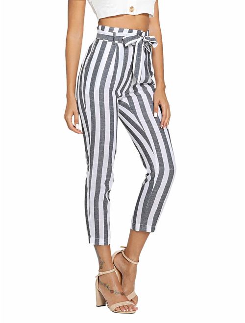 SweatyRocks Women's Striped Elastic High Waist Slim Fit Loose Casual Long Pants