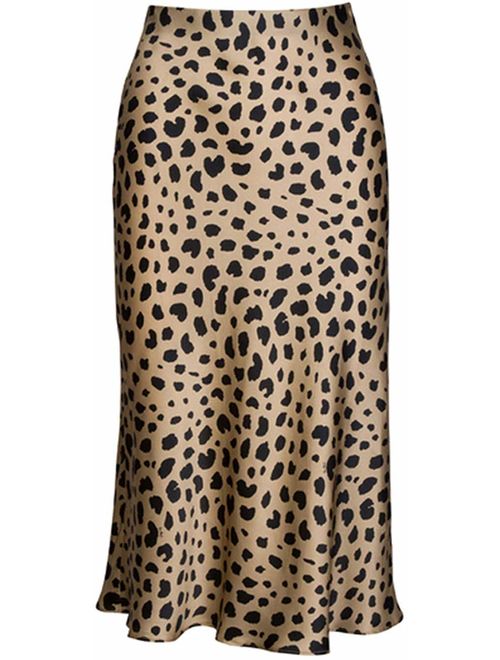 Soowalaoo High Waist Leopard Midi Skirt Hidden Elasticized Waistband Silk Satin Skirts