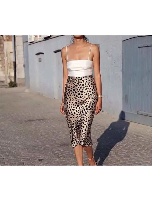 Soowalaoo High Waist Leopard Midi Skirt Hidden Elasticized Waistband Silk Satin Skirts