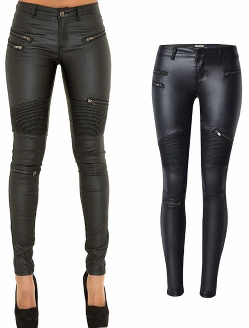 PU Leather Denim Pants for Women Sexy Tight Stretchy Rider Leggings Black Coffee