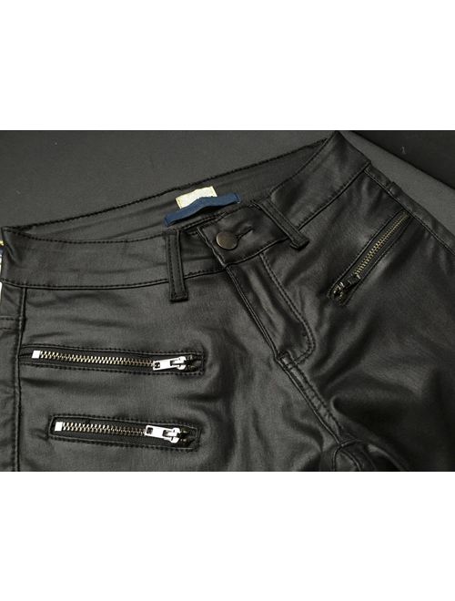 PU Leather Denim Pants for Women Sexy Tight Stretchy Rider Leggings Black Coffee