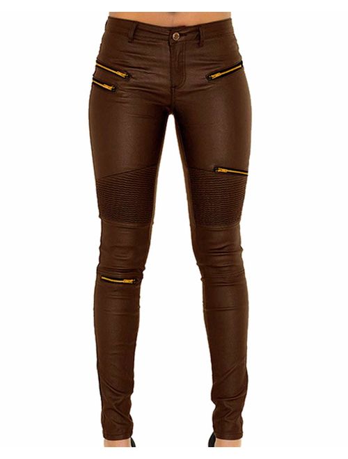 PU Leather Denim Pants for Women Sexy Tight Stretchy Rider Leggings Black Coffee