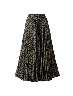 CHARTOU Womens Chic Elastic High Waisted A Line Leopard Print Plisse Pleated Shirring Midi-Long Skirt