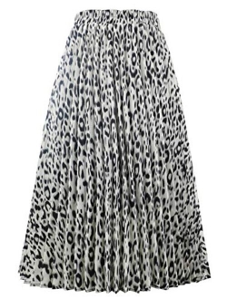 CHARTOU Womens Chic Elastic High Waisted A Line Leopard Print Plisse Pleated Shirring Midi-Long Skirt