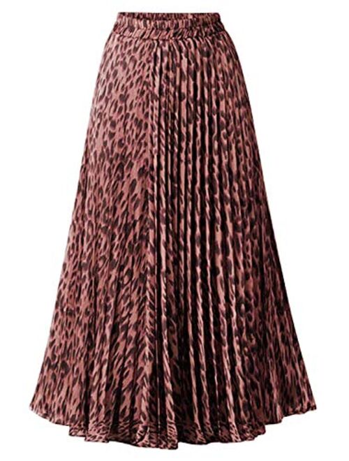 CHARTOU Womens Chic Elastic High Waisted A Line Leopard Print Plisse Pleated Shirring Midi-Long Skirt