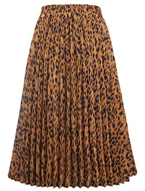 CHARTOU Womens Chic Elastic High Waisted A Line Leopard Print Plisse Pleated Shirring Midi-Long Skirt