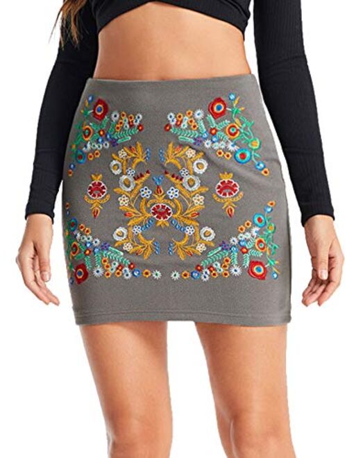 SheIn Women's Casual Floral Embroidered Bodycon Short Mini Skirt