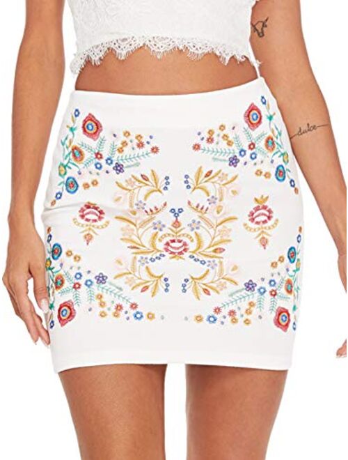 SheIn Women's Casual Floral Embroidered Bodycon Short Mini Skirt