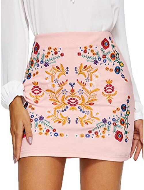 SheIn Women's Casual Floral Embroidered Bodycon Short Mini Skirt