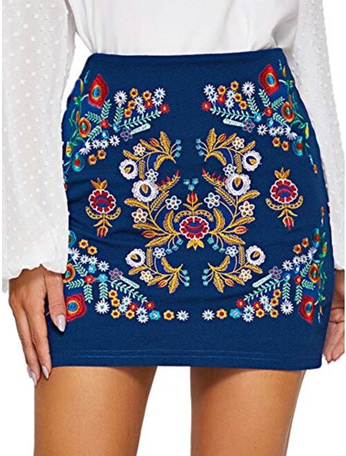 SheIn Women's Casual Floral Embroidered Bodycon Short Mini Skirt