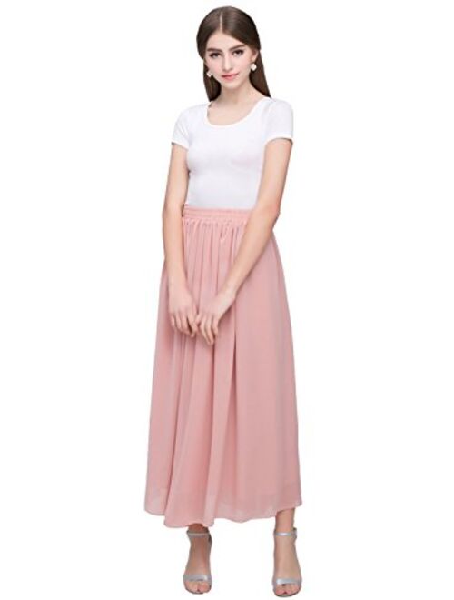 Kileyi Women's Long A Line High Elastic Waist Swing Chiffon Pleated Midi Skirt