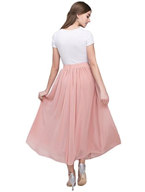 Kileyi Women's Long A Line High Elastic Waist Swing Chiffon Pleated Midi Skirt