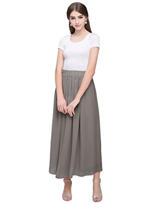 Kileyi Women's Long A Line High Elastic Waist Swing Chiffon Pleated Midi Skirt