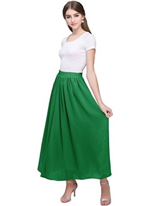 Kileyi Women's Long A Line High Elastic Waist Swing Chiffon Pleated Midi Skirt