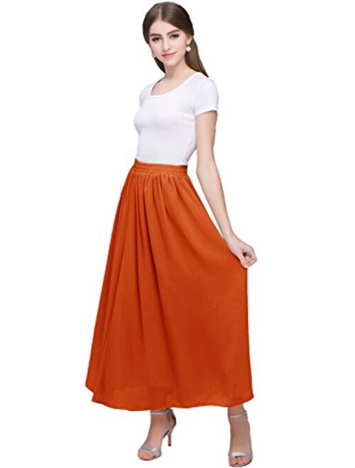 Kileyi Women's Long A Line High Elastic Waist Swing Chiffon Pleated Midi Skirt