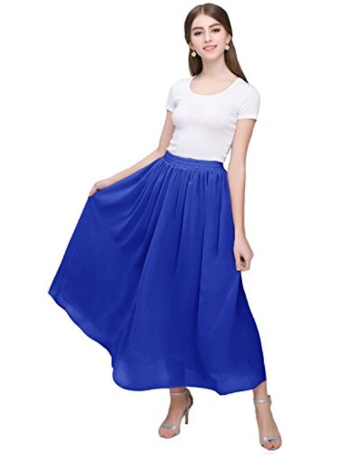 Kileyi Women's Long A Line High Elastic Waist Swing Chiffon Pleated Midi Skirt