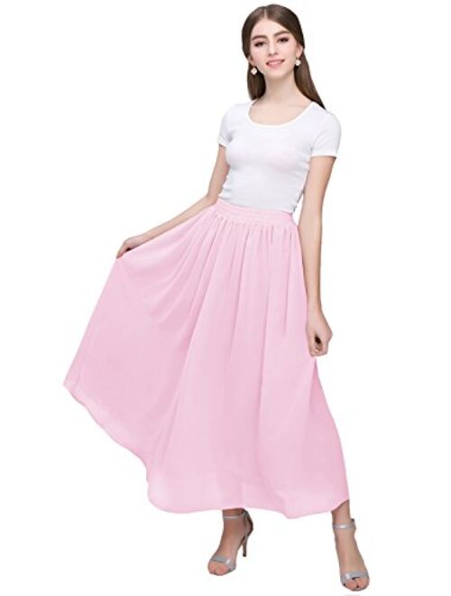 Kileyi Women's Long A Line High Elastic Waist Swing Chiffon Pleated Midi Skirt