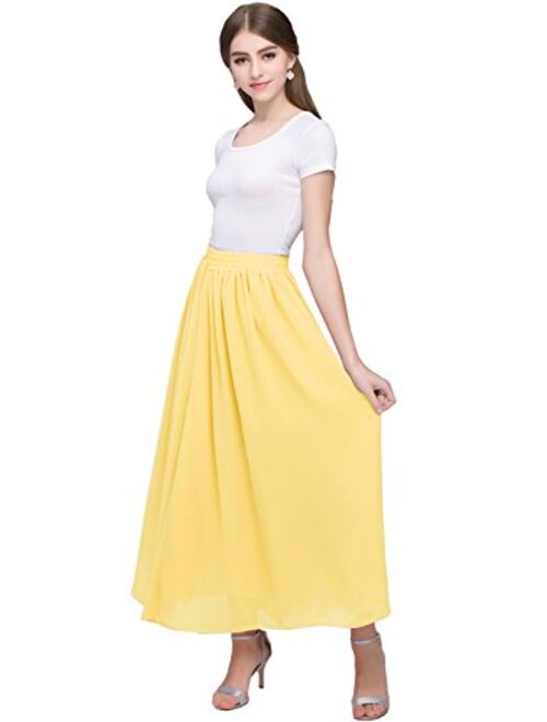 Kileyi Women's Long A Line High Elastic Waist Swing Chiffon Pleated Midi Skirt