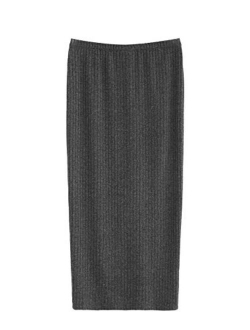 Women's Basic Plain Stretchy Ribbed Knit Split Full Length Skirt