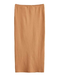 Women's Basic Plain Stretchy Ribbed Knit Split Full Length Skirt