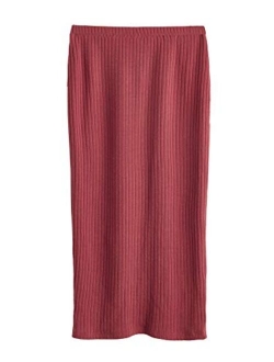 Women's Basic Plain Stretchy Ribbed Knit Split Full Length Skirt