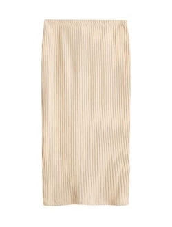 Women's Basic Plain Stretchy Ribbed Knit Split Full Length Skirt