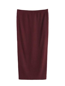 Women's Basic Plain Stretchy Ribbed Knit Split Full Length Skirt