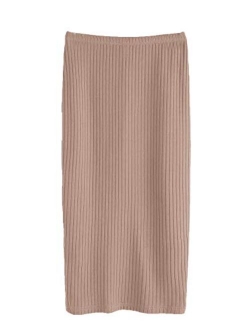 Women's Basic Plain Stretchy Ribbed Knit Split Full Length Skirt