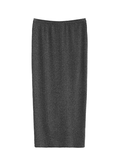 SheIn Women's Basic Plain Stretchy Ribbed Knit Split Full Length Skirt