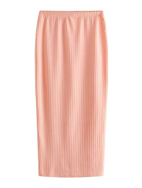 SheIn Women's Basic Plain Stretchy Ribbed Knit Split Full Length Skirt