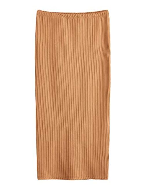 SheIn Women's Basic Plain Stretchy Ribbed Knit Split Full Length Skirt