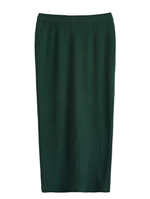 SheIn Women's Basic Plain Stretchy Ribbed Knit Split Full Length Skirt