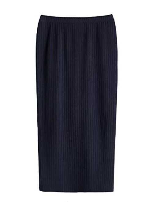 SheIn Women's Basic Plain Stretchy Ribbed Knit Split Full Length Skirt