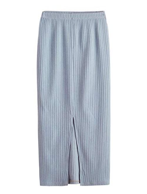 SheIn Women's Basic Plain Stretchy Ribbed Knit Split Full Length Skirt