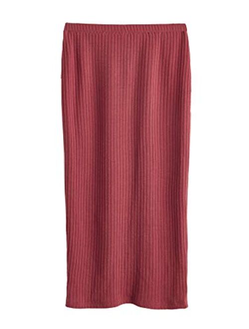 SheIn Women's Basic Plain Stretchy Ribbed Knit Split Full Length Skirt