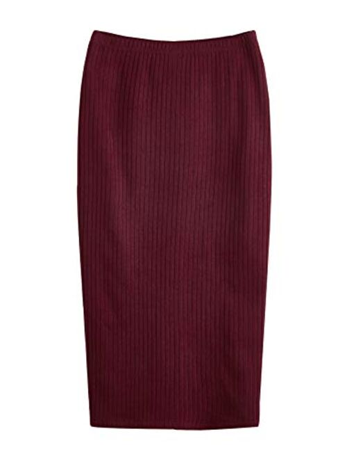 SheIn Women's Basic Plain Stretchy Ribbed Knit Split Full Length Skirt