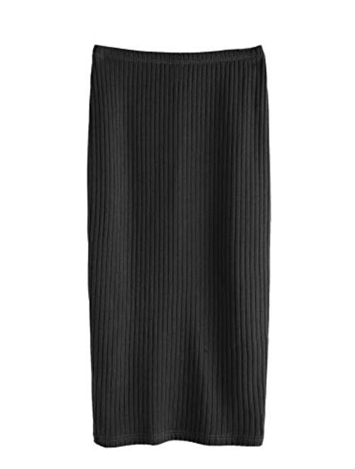 SheIn Women's Basic Plain Stretchy Ribbed Knit Split Full Length Skirt