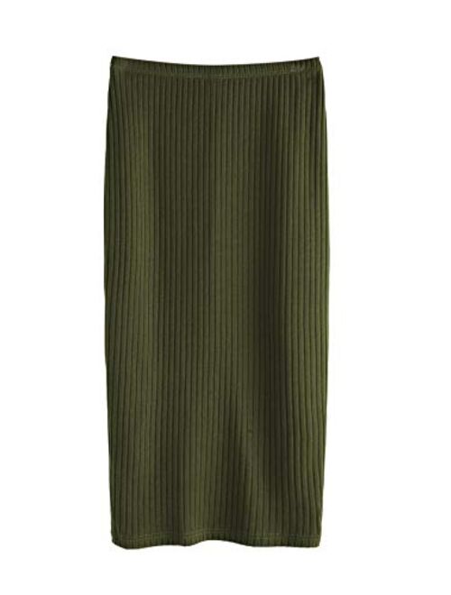 SheIn Women's Basic Plain Stretchy Ribbed Knit Split Full Length Skirt